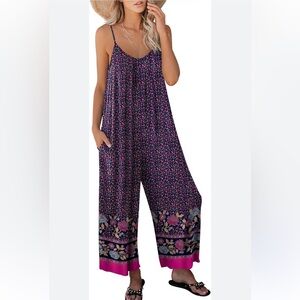 ANRABESS Navy Wide-Leg Spaghetti-Strap Jumpsuit with Pink Border
